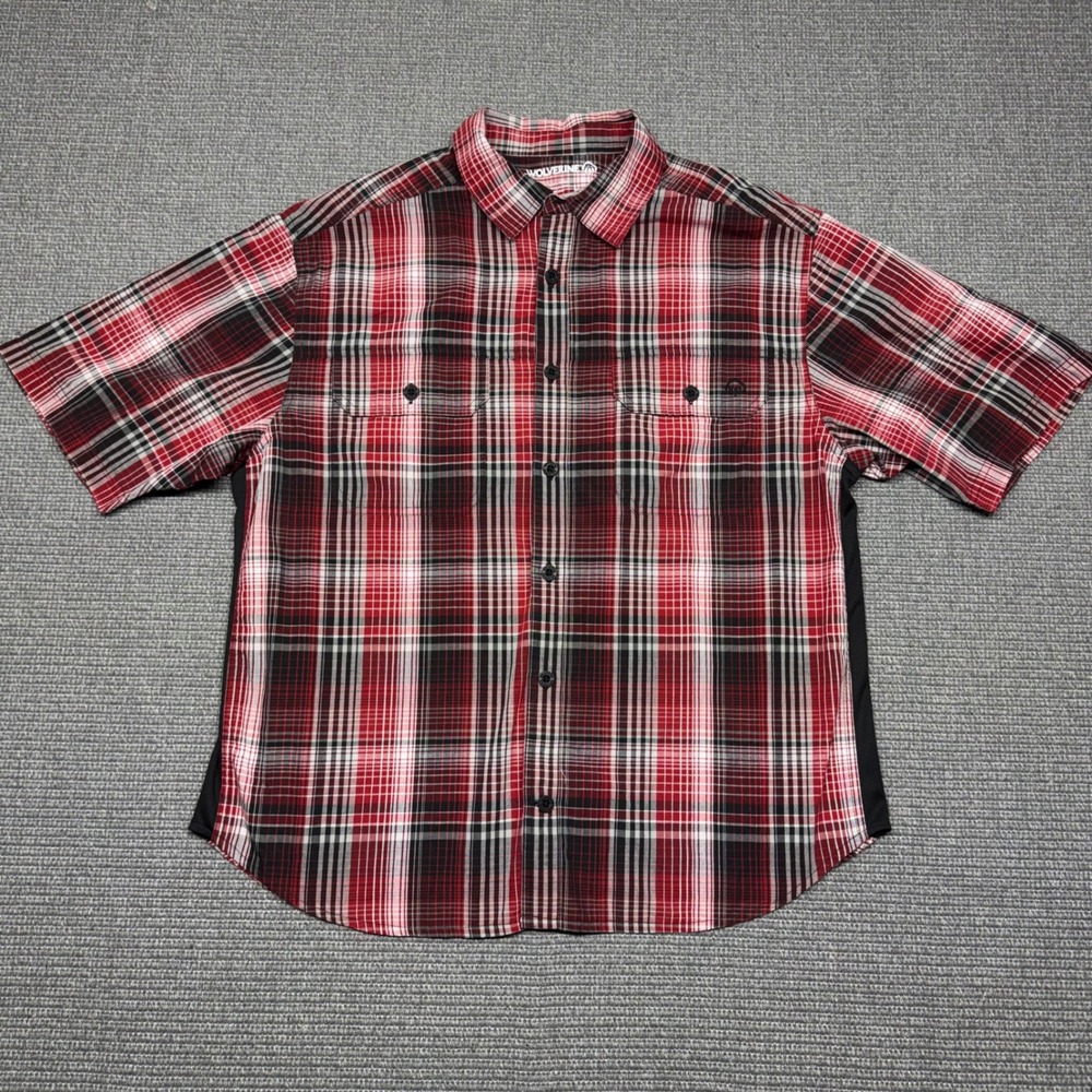Wolverine Mens Short Sleeve Plaid Button Down Work Shirt Red Black Mesh Size XL